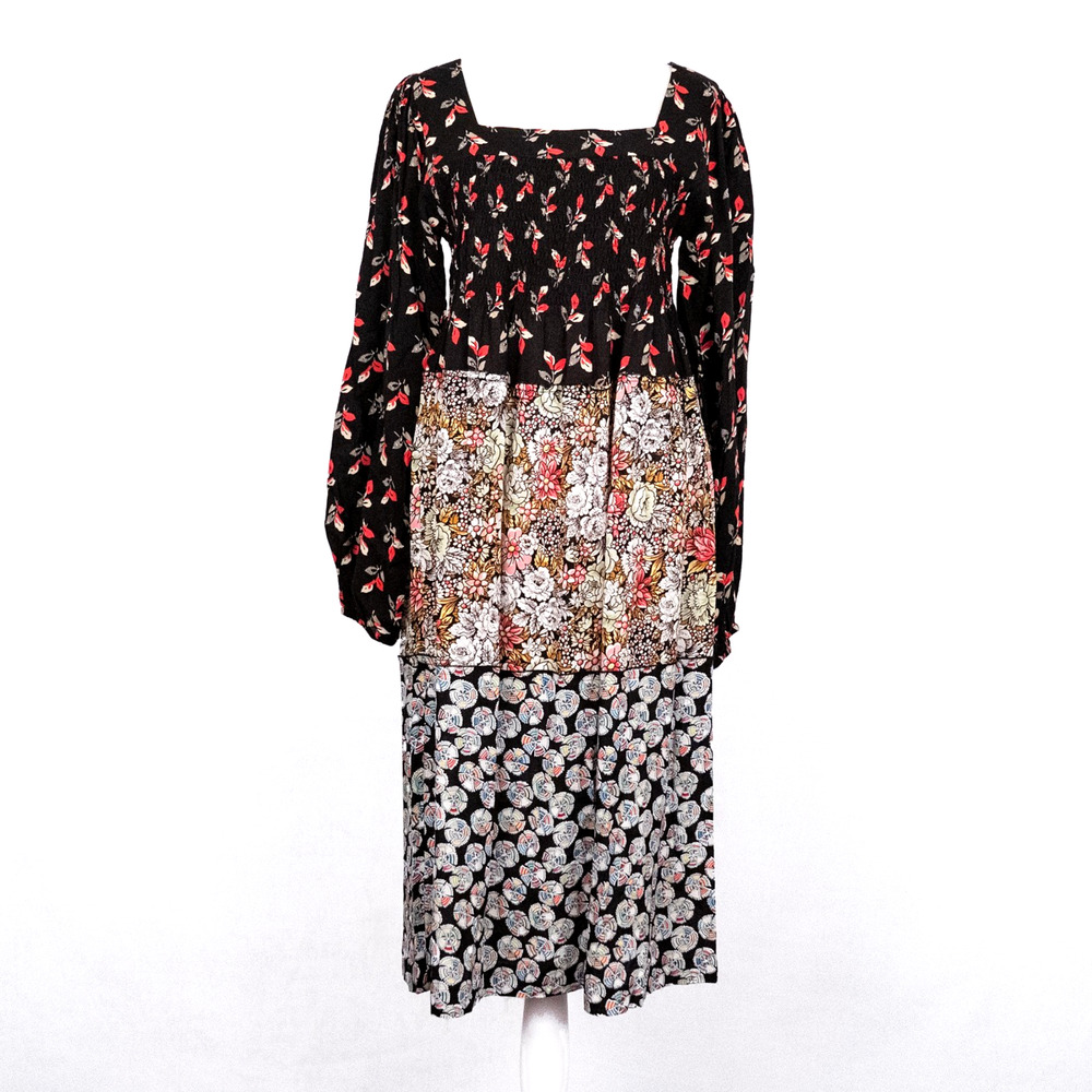 Vicky Tiel Tiered Dress MEDIUM Floral Flower Rainbow Colorful Cottage Milkmaid